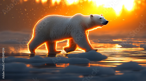 a polar bear walking slowly across the ice, surrounded by a faint aura suggesting lowered metabolic activity, in a quiet and tranquil setting; the colors are softly desaturated to convey low energy,  photo