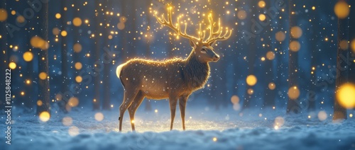 Christmas banner with magical scene of a reindeer in center in snowy forest with Christmas trees with lights and stars with copy spacewinter, christmas, christmas, cervid, animal, reindeer, illustrati photo