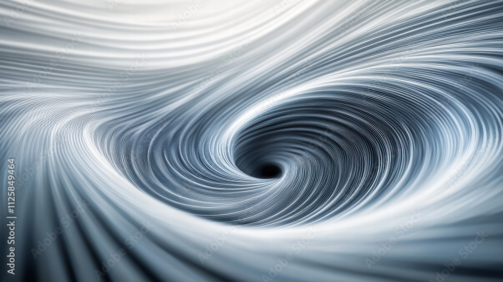 Abstract background with swirling lines, a spiral or vortex in white and grey colors. Shiny, curved surfaces