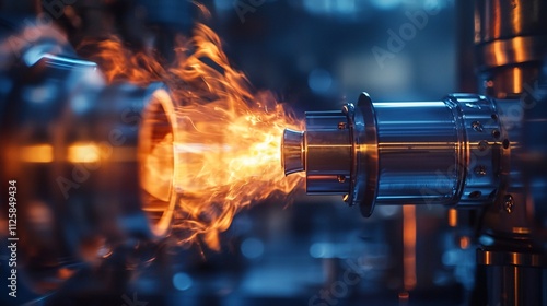 A high-energy laboratory scene focused on testing cutting-edge space propulsion systems Stock Photo with side copy space
