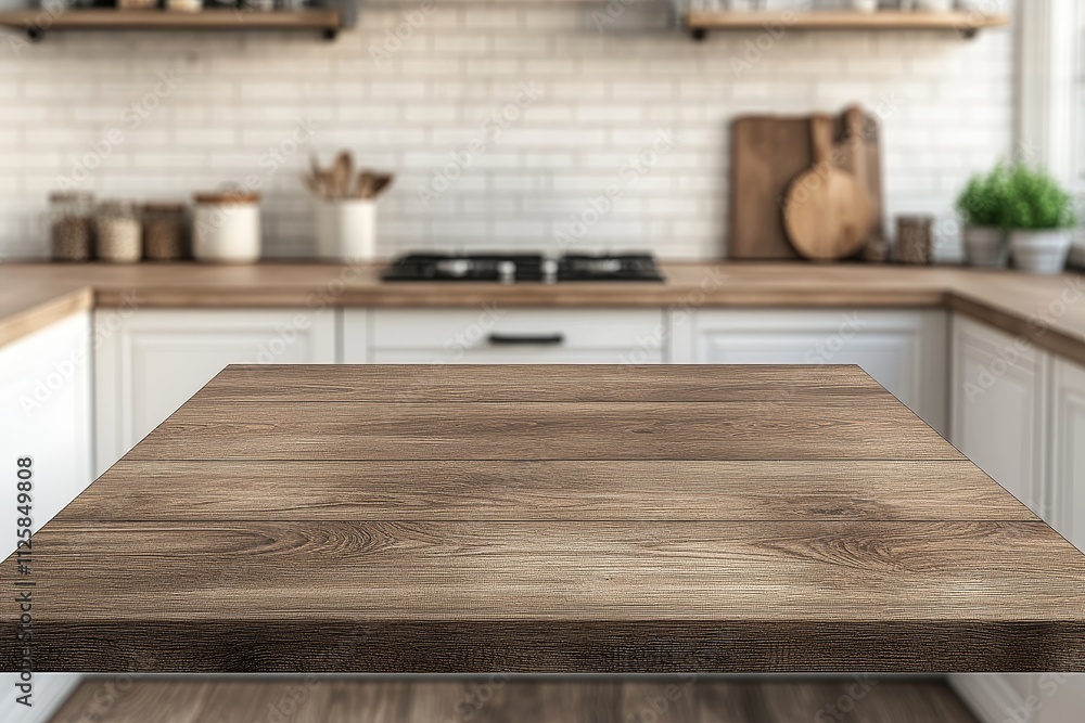 Empty wooden table in front of blurred modern kitchen. Empty wooden table in front of blurred modern kitchen.
