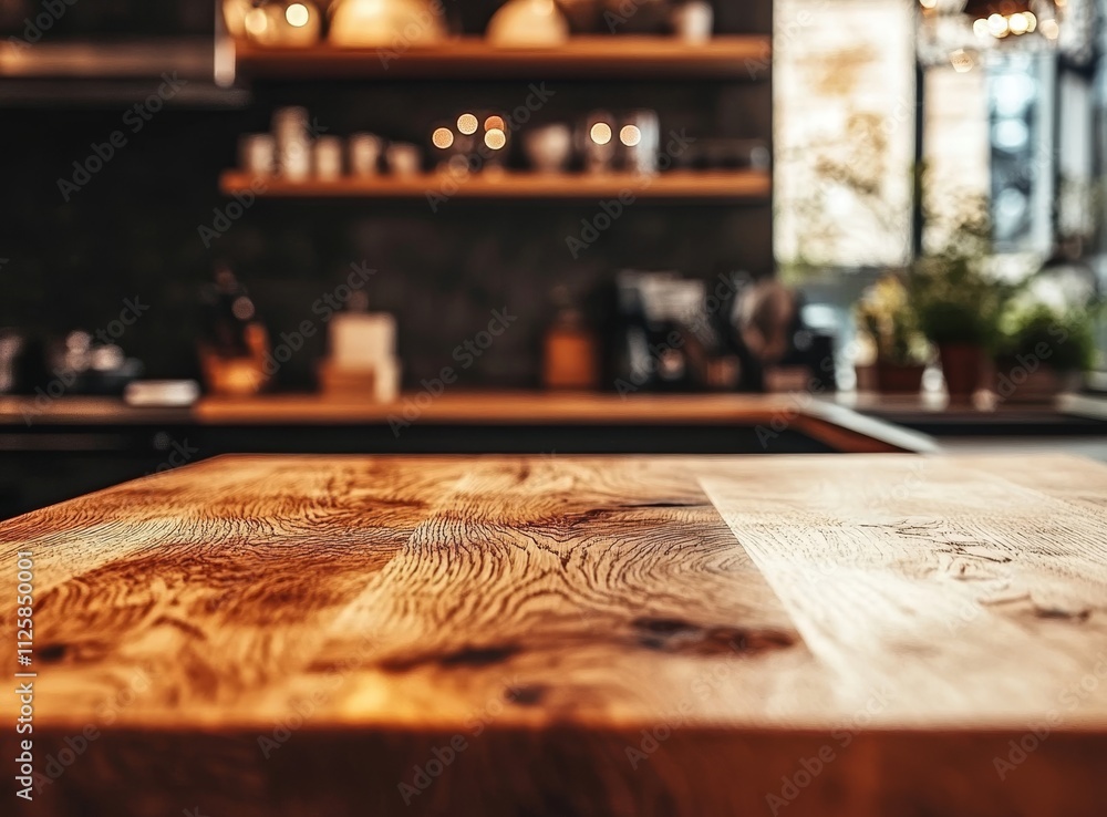 Empty wooden table in a rustic kitchen setting. Empty wooden table in a rustic kitchen setting.