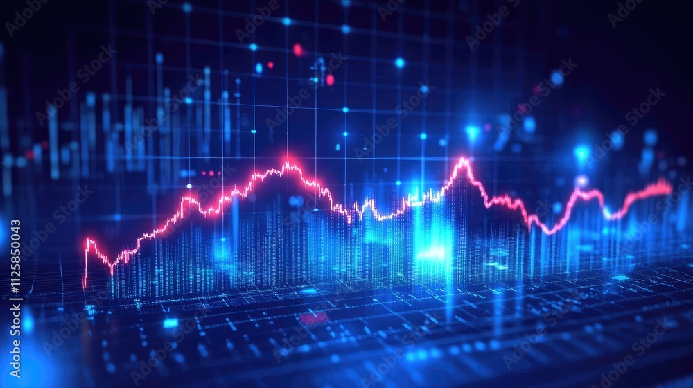 Glowing arrow up, Volatility index chart on white block, Business chart steps on dark blue background. Glowing arrow up, Volatility index chart on white block, Business chart steps on dark blue background.