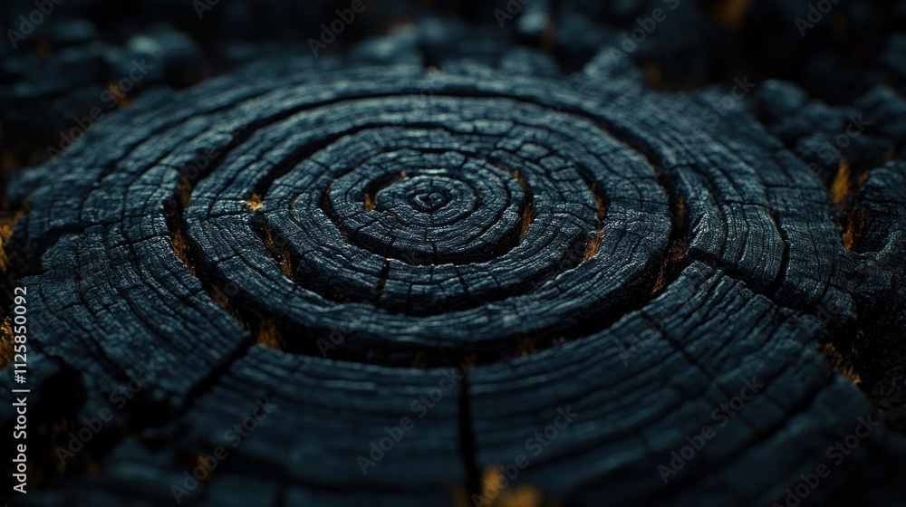 Close-up of dark, charred tree stump rings. Close-up of dark, charred tree stump rings.