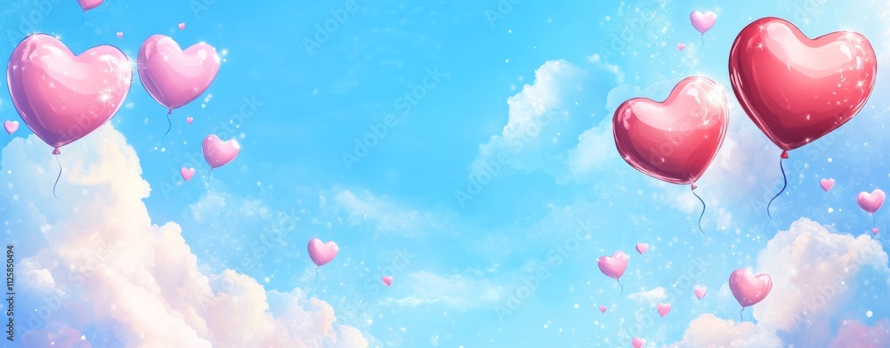 a Happy Valentine's Day banner with heart-shaped balloons flying in the sky and clouds, pink and red hearts on a blue background. a Happy Valentine's Day banner with heart-shaped balloons flying in the sky and clouds, pink and red hearts on a blue background.