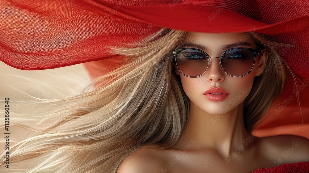 Fototapeta premium A fashionable red dress paired with sleek sunglasses and a mysterious tilted wide-brimmed hat, captured in exquisite detail with warm, inviting lighting, ultra-realistic, photo-realistic, highly 