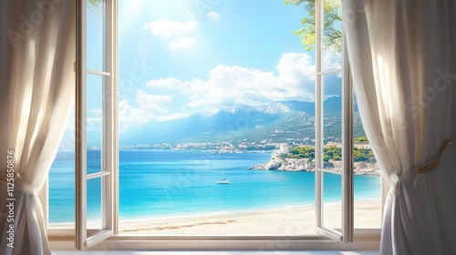 Breathtaking view from a room's open window, looking out over the deep blue Mediterranean sea and pristine beach, bathed in sunlight