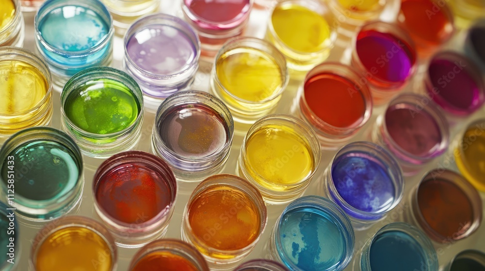 Close-up of rows of colorful petri dishes in a lab, each containing a different vibrant culture or solution. Close-up of rows of colorful petri dishes in a lab, each containing a different vibrant culture or solution.