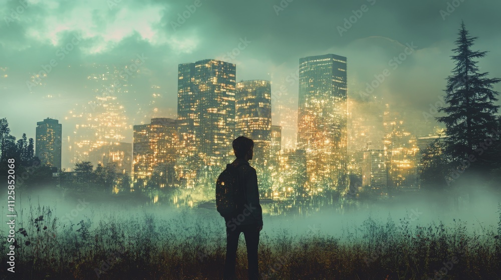 A lone figure stands before a mysterious glowing city in the fog. A lone figure stands before a mysterious glowing city in the fog.