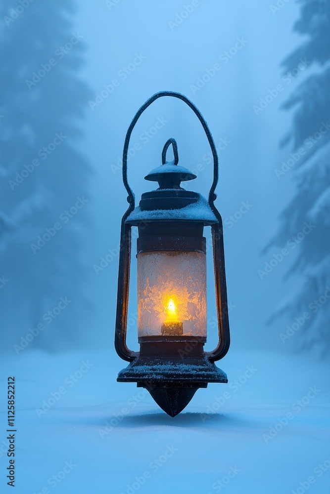 A lantern glowing softly in a snowy, misty forest landscape. A lantern glowing softly in a snowy, misty forest landscape.
