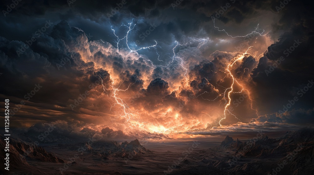 Fototapeta premium A dramatic thunderstorm over a vast desert, with lightning bolts illuminating the dark sky