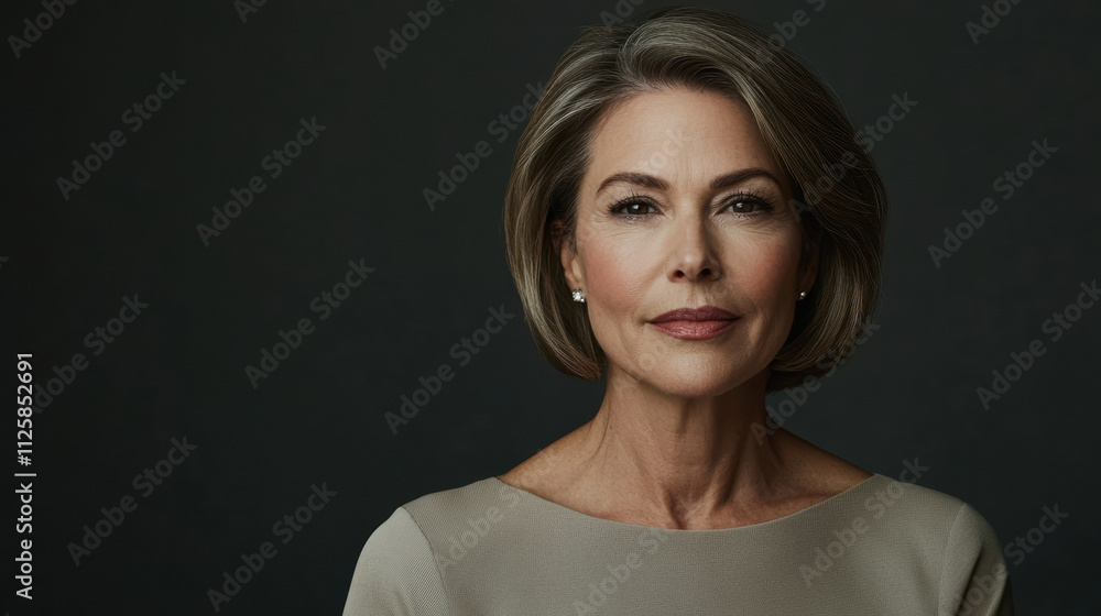 Confident woman with short bob hairstyle and subtle highlights, dressed in neutral tones Confident woman with short bob hairstyle and subtle highlights, dressed in neutral tones