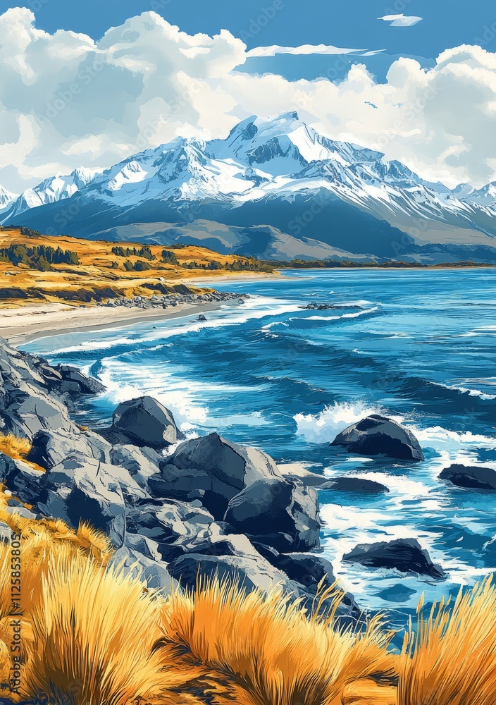 Obraz premium Strait Of Magellan Punta Arenas Chile Poster Illustration Travel Print Decor Gift Paper Canvas Wall Retro Art