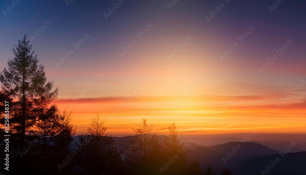Golden Hour Serenity: Majestic sunset over a mountain range, silhouetted pine trees in the foreground, vibrant colors painting the sky. A breathtaking scene of nature's tranquility. Golden Hour Serenity: Majestic sunset over a mountain range, silhouetted pine trees in the foreground, vibrant colors painting the sky. A breathtaking scene of nature's tranquility.