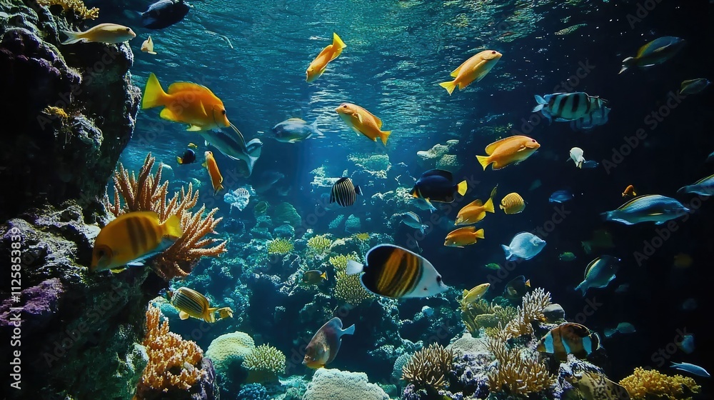 Schools of vivid, colorful fish swimming through a thriving coral reef, displaying the beauty of marine biodiversity in crystal-clear waters Schools of vivid, colorful fish swimming through a thriving coral reef, displaying the beauty of marine biodiversity in crystal-clear waters