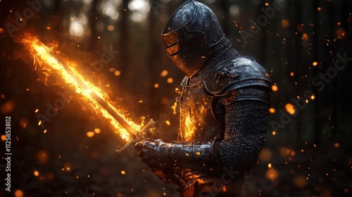 A dramatic shot of a knight wielding a flaming sword in the middle of a dark forest photo