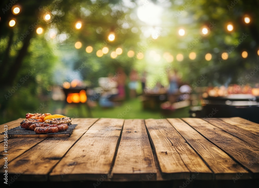 Grilled food on wooden table at summer barbecue party.