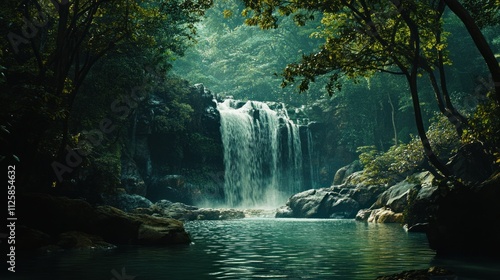 Serene Waterfall in Lush Jungle Paradise