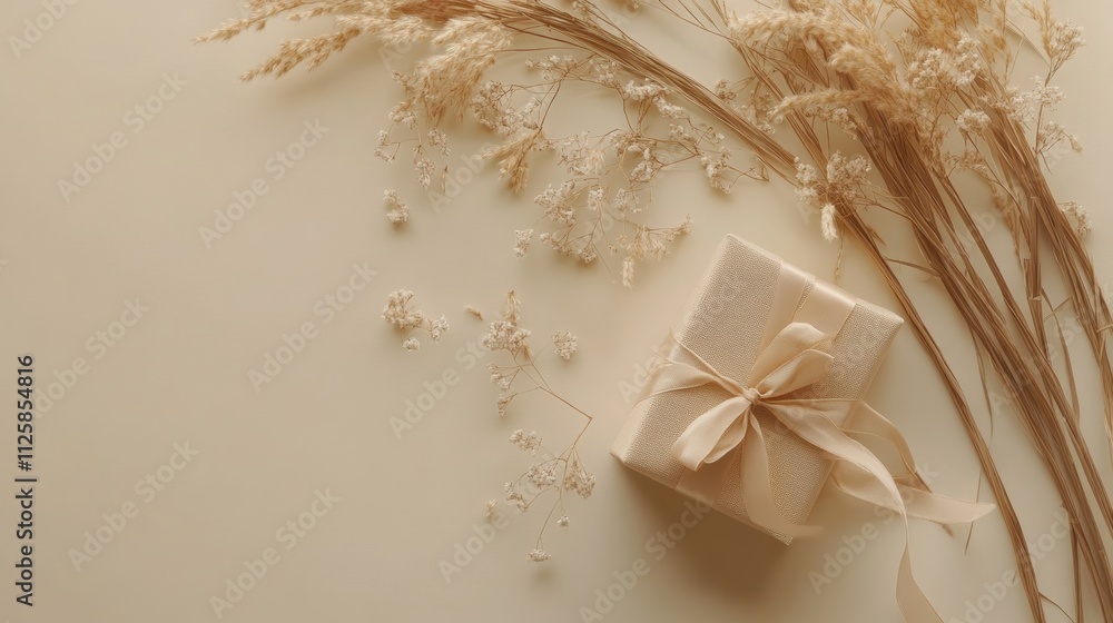 Gift box with ribbon and dry grass and flowers on beige background flat lay, top view, copy space Gift box with ribbon and dry grass and flowers on beige background flat lay, top view, copy space