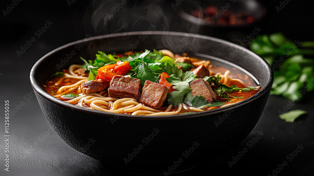 steaming bowl of ramen with rich broth, tender meat, and fresh herbs. vibrant colors and textures create delicious and inviting meal experience steaming bowl of ramen with rich broth, tender meat, and fresh herbs. vibrant colors and textures create delicious and inviting meal experience