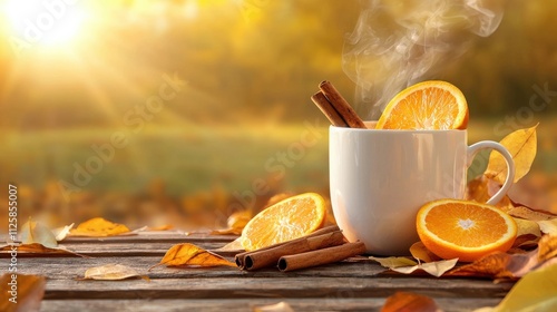 A steaming cup of spiced cider with orange slices and cinnamon sticks, surrounded by autumn leaves