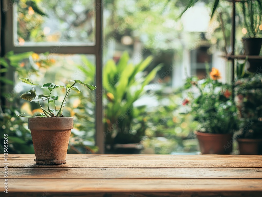 Small potted plant on wooden table near window with blurred garden background. Small potted plant on wooden table near window with blurred garden background.