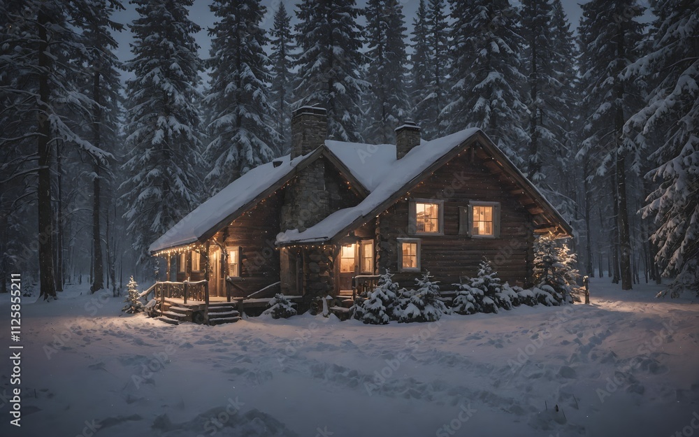 Snow-Covered Mountain Village with Warm Lights: A Romantic Winter Scene Snow-Covered Mountain Village with Warm Lights: A Romantic Winter Scene