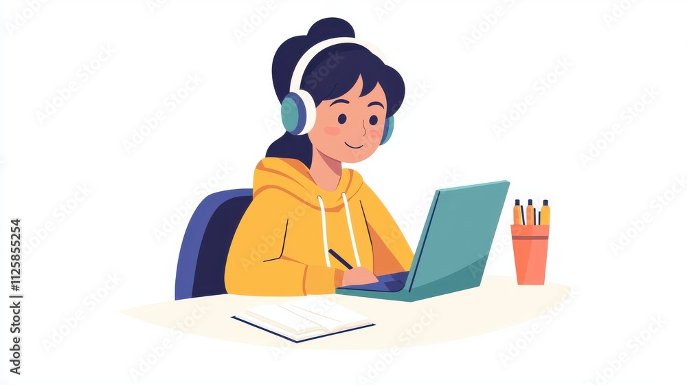 Student Engaged in Online Language Learning with Headphones and Laptop in Bright Study Environment Student Engaged in Online Language Learning with Headphones and Laptop in Bright Study Environment