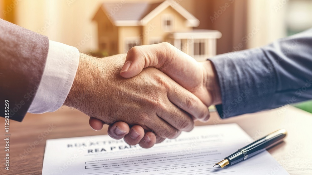 agreement owner management interest pricing Concept. Handshake over a contract with a house model in the background, symbolizing agreement and real estate. agreement owner management interest pricing Concept. Handshake over a contract with a house model in the background, symbolizing agreement and real estate.