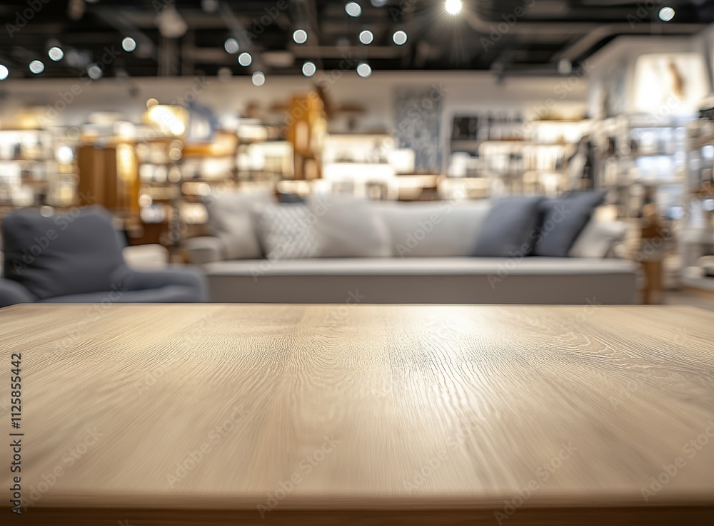 Empty light wood table in blurred furniture store. Empty light wood table in blurred furniture store.