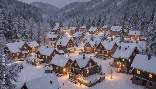  Snow-Covered Mountain Village with Warm Lights: A Romantic Winter Scene