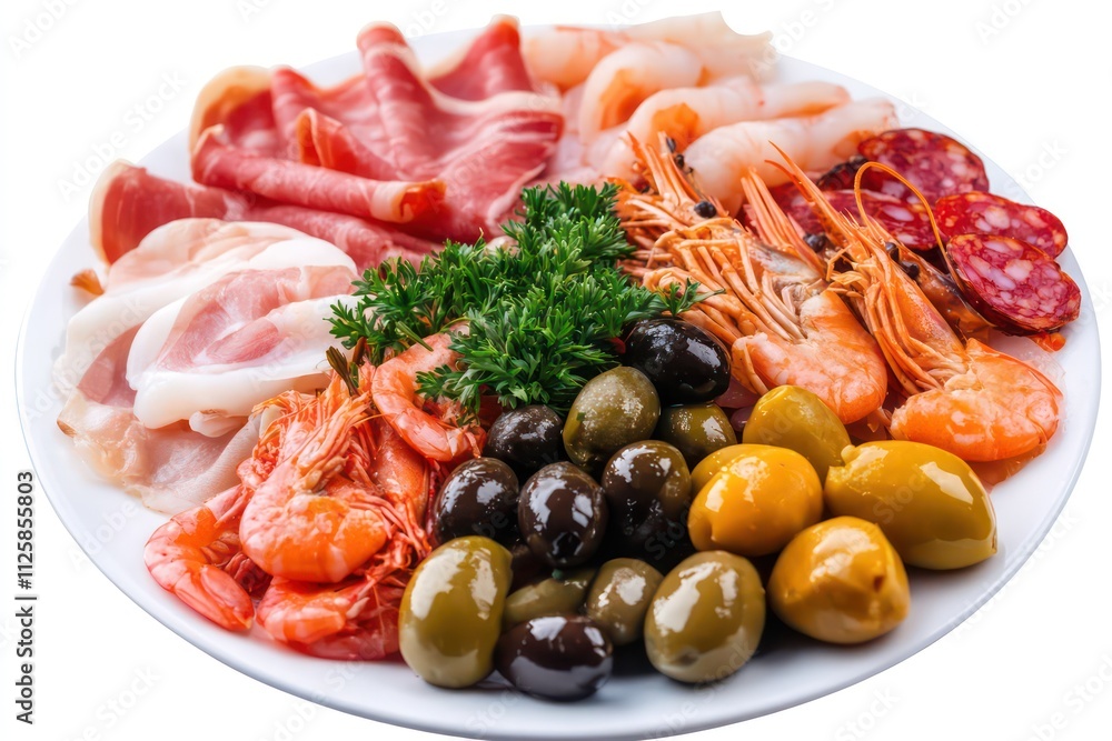 A beautifully arranged plate of Spanish tapas, including olives, cured meats, and seafood, with each item clearly defined against the transparent background. A beautifully arranged plate of Spanish tapas, including olives, cured meats, and seafood, with each item clearly defined against the transparent background.