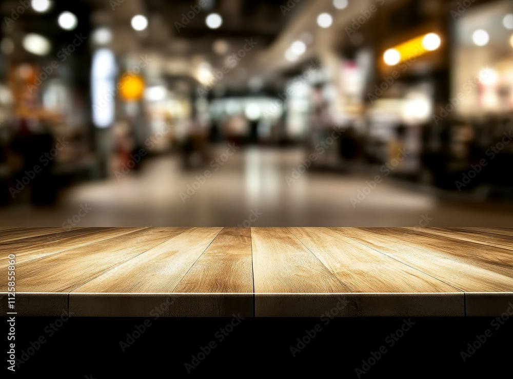 Empty wooden table top with blurred shopping mall background. (1) Empty wooden table top with blurred shopping mall background. (1)