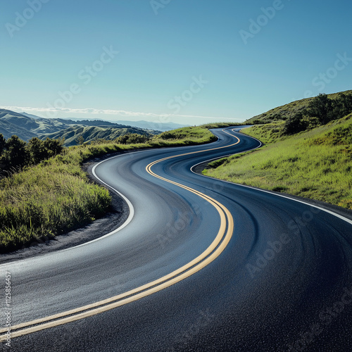 A winding asphalt road curves through a tranquil landscape on a clear day, inviting travelers to explore the journey ahead.