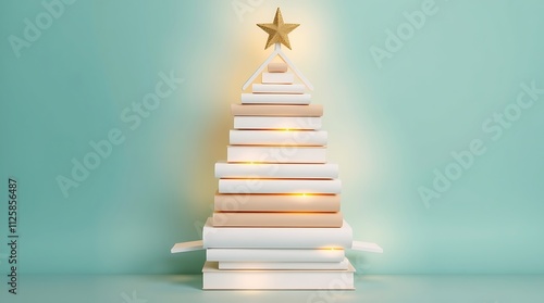 Christmas tree made of books on a green background, Christmas concept representing the holiday season and reading day photo