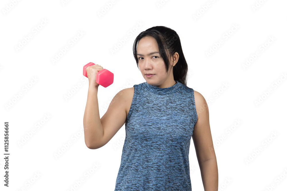 Asian woman holding dumbbell for exercise for health Isolated on transparent background Asian woman holding dumbbell for exercise for health Isolated on transparent background