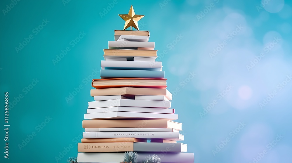 Christmas tree made of books on a green background, Christmas concept representing the holiday season and reading day Christmas tree made of books on a green background, Christmas concept representing the holiday season and reading day