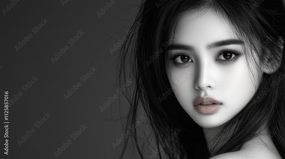 Elegant cinematic black and white portrait of an Asian girl, her long black hair styled with a studio light glow, ultra-realistic details, Elegant cinematic black and white portrait of an Asian girl, her long black hair styled with a studio light glow, ultra-realistic details,