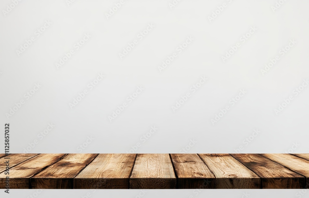 Empty rustic wooden table against a white wall. Empty rustic wooden table against a white wall.