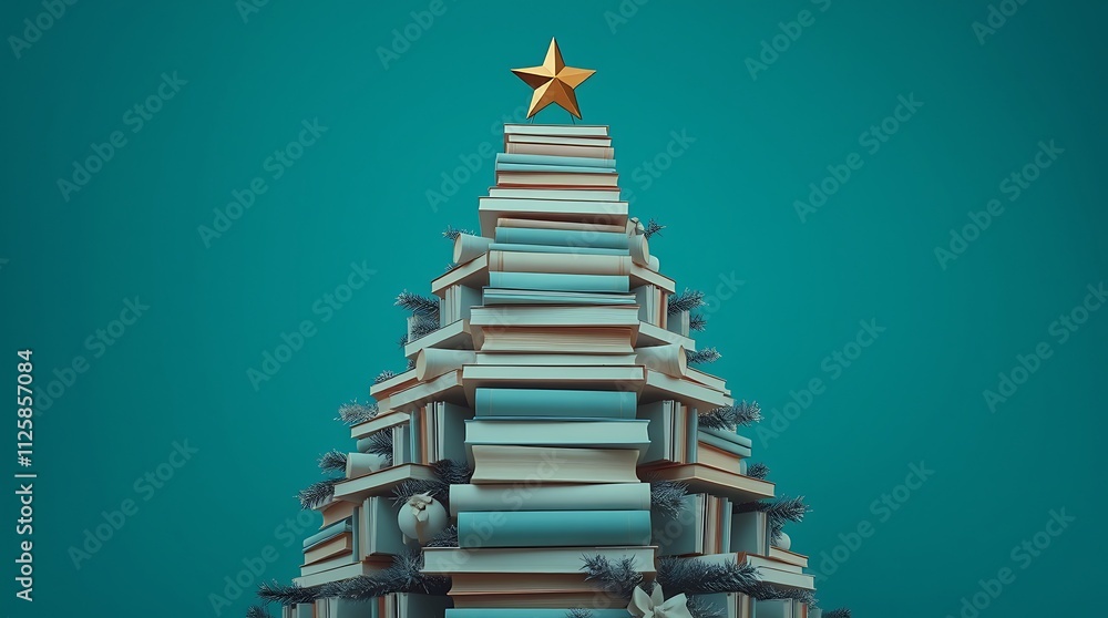 Christmas tree made of books on a green background, Christmas concept representing the holiday season and reading day Christmas tree made of books on a green background, Christmas concept representing the holiday season and reading day