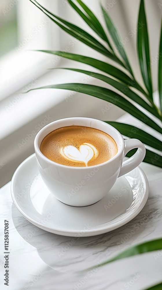 A modern office desk setup with coffee and a playlist boosting creativity and focus Stock Photo with side copy space A modern office desk setup with coffee and a playlist boosting creativity and focus Stock Photo with side copy space