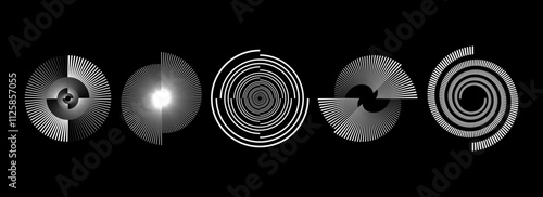 White radial spiral pattern set. Circular rotating speed line form collection. Spinning circle sound wave concept. Abstract sunburst ray or beam element pack for icon, badge, logo, tag, label. Vector