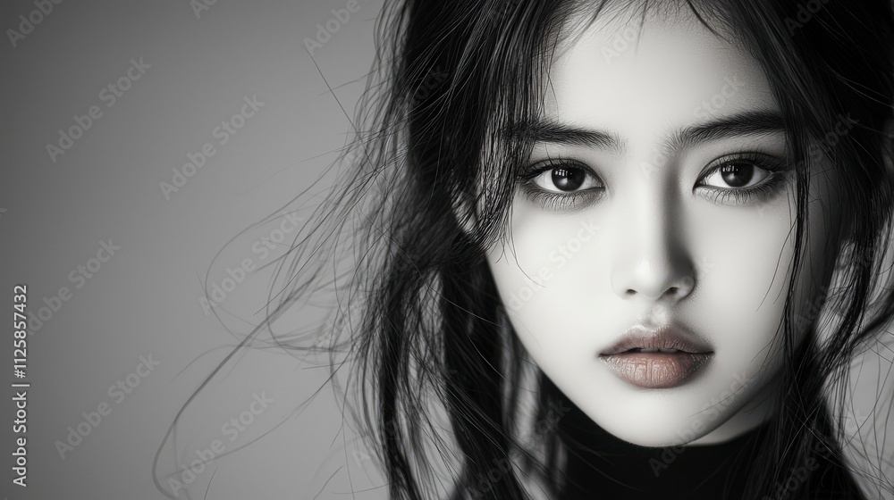 Fototapeta premium Moody cinematic portrait of an Asian teenage girl in black and white, close-up with a textured studio backdrop, 