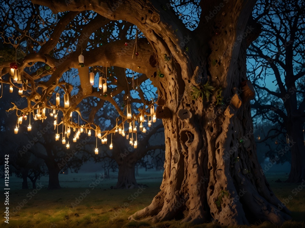 Obraz premium An ancient oak tree decorated with handmade ornaments and flickering candles