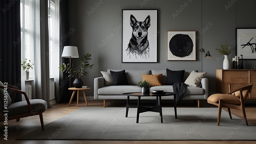 Stylish and scandinavian living room interior of modern apartment with gray sofa, design wooden commode, black table, lamp, abstrac paintings on the wall. Beautiful dog lying on the couch. Home decor. Stylish and scandinavian living room interior of modern apartment with gray sofa, design wooden commode, black table, lamp, abstrac paintings on the wall. Beautiful dog lying on the couch. Home decor.