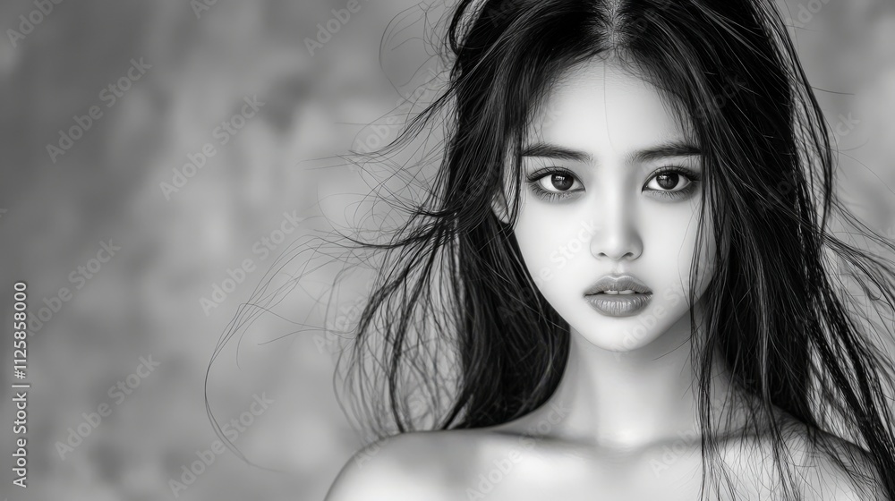 Naklejka premium Professional black and white portrait of a teenage Asian model, close-up with long black hair and studio lighting, moody shadows, highly detailed, 