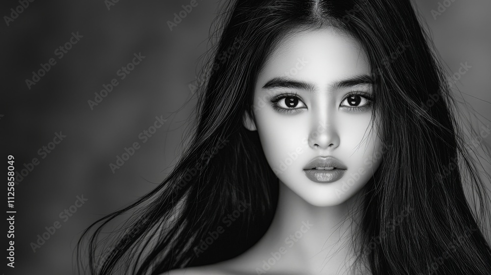 Naklejka premium Professional black and white portrait of a teenage Asian model, close-up with long black hair and studio lighting, moody shadows, highly detailed, 