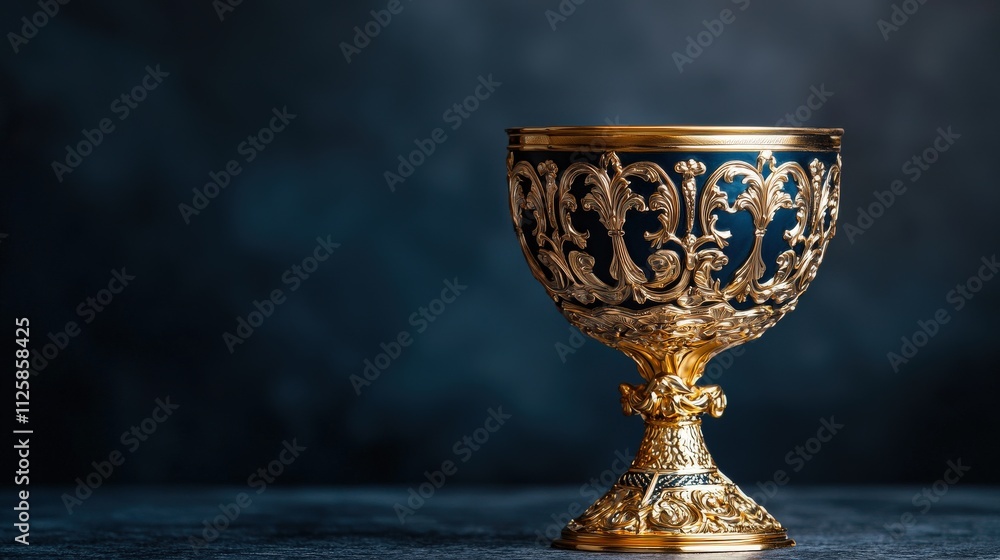 A golden chalice with ornate engravings. A golden chalice with ornate engravings.