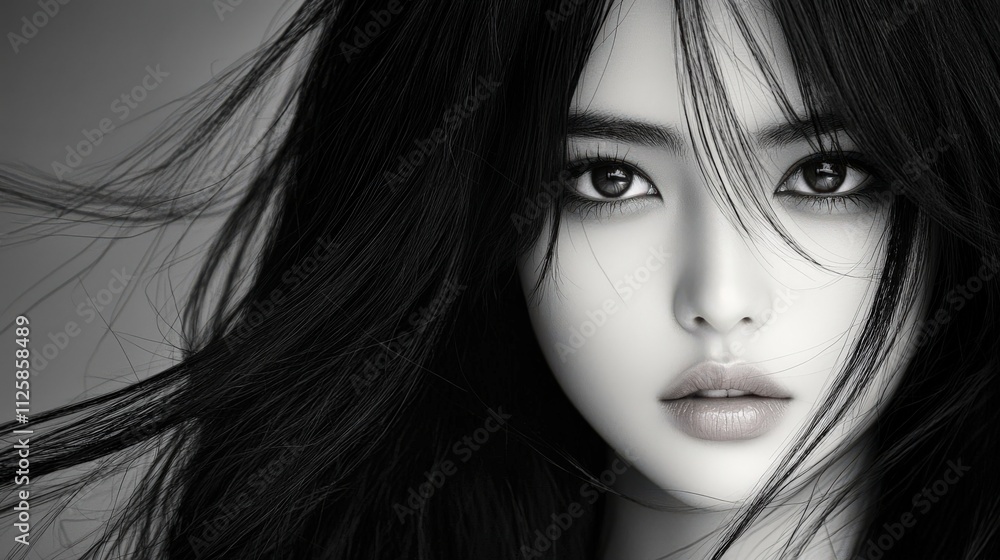 Stunning cinematic black and white image of an Asian model, long black hair with soft studio lighting, highly detailed, Stunning cinematic black and white image of an Asian model, long black hair with soft studio lighting, highly detailed,