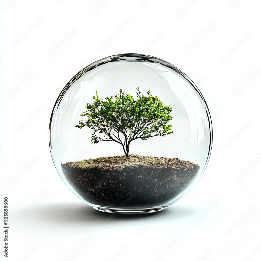 Handblown glass terrarium with a round shape designed for miniature plants on a solid white background, single object Handblown glass terrarium with a round shape designed for miniature plants on a solid white background, single object